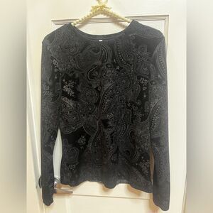 White Stag black long-sleeve velvet burnout blouse glitter paisley  Size M